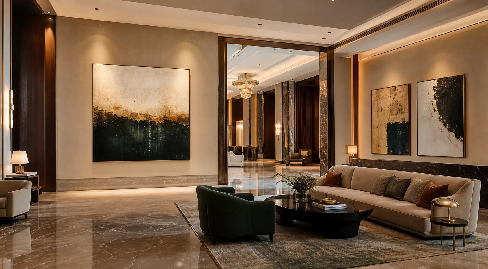 Luxury hotel lobby with large handmade oil paintings